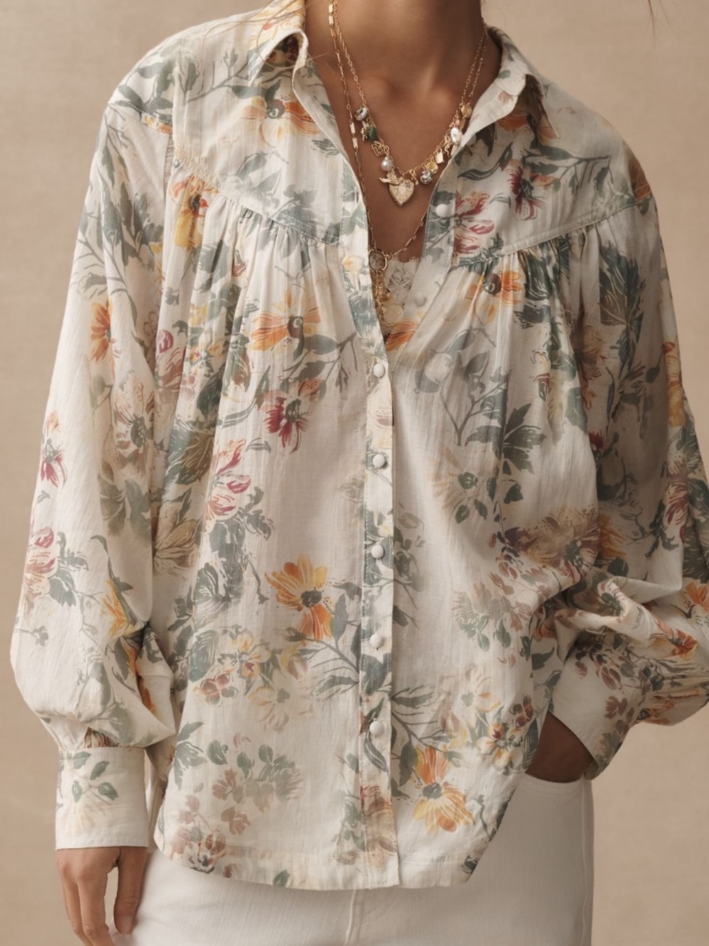 Pilcro batwing yoke blouse medium ivory floral